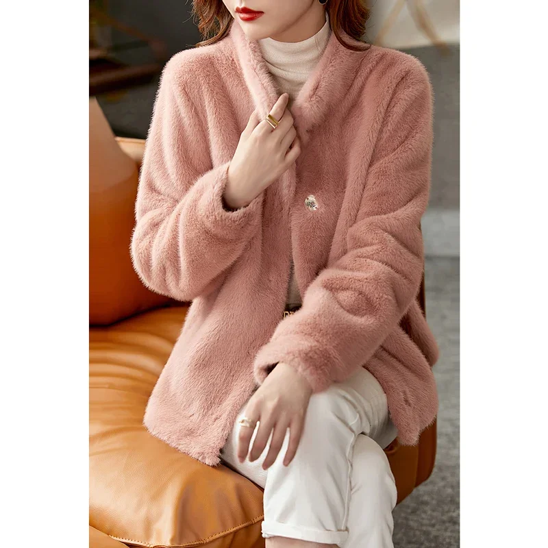 Vimly Faux Fur Fluffy Jacket for Women 2023 Luxury Winter Stand Collar Short Warm Coat Single Breasted Female Overcoats 50382