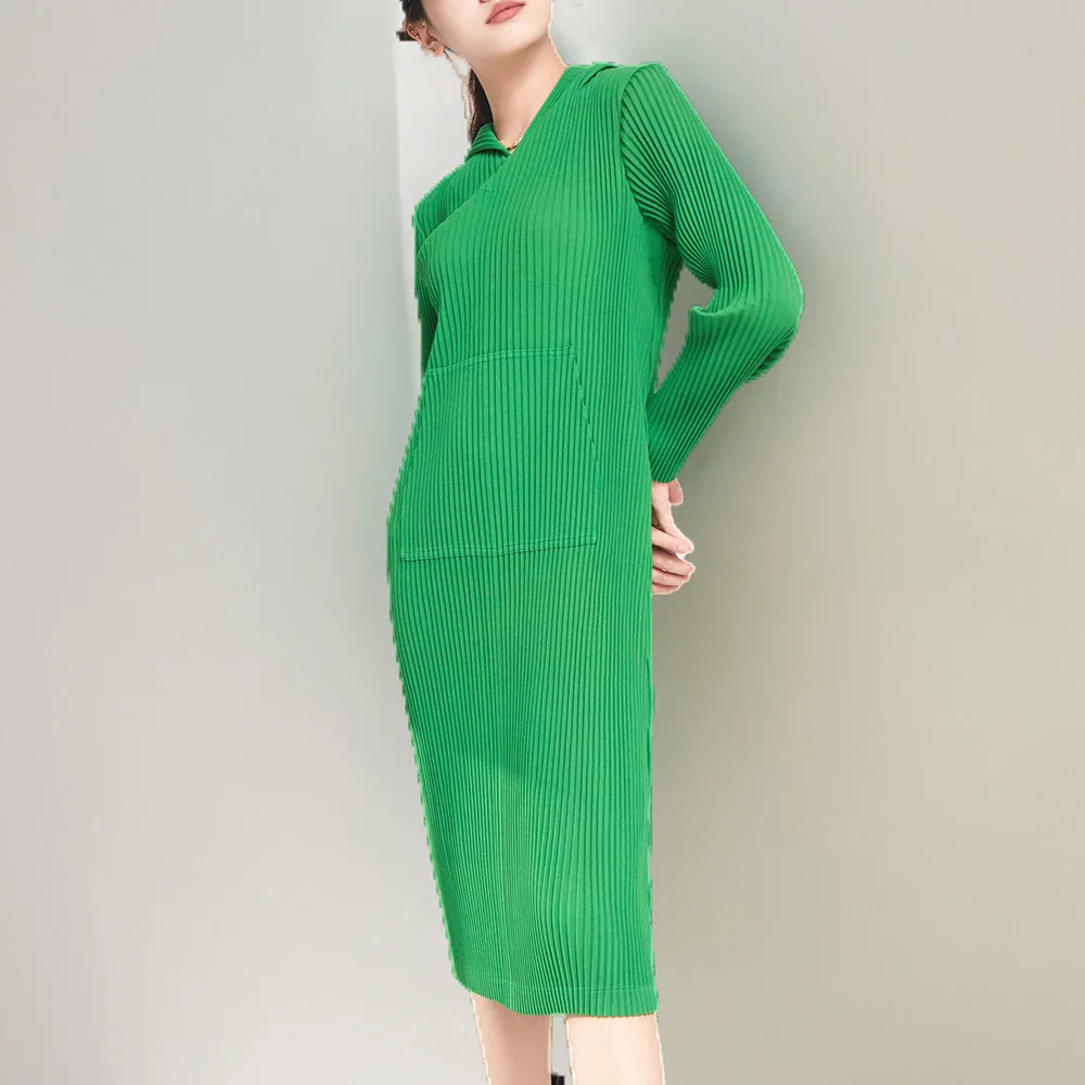 

Hooded Knitted Dress Mid-length Slim-fit Autumn And Winter 2023 Thick All-match Base Skirt High Elastic Pleated Dress