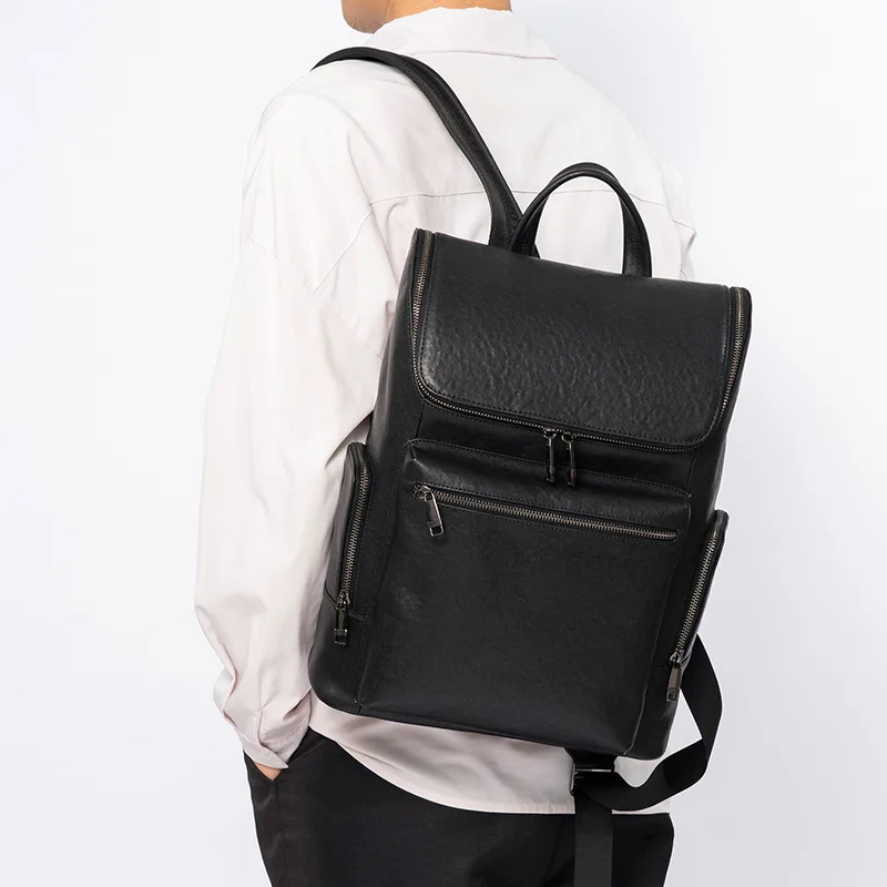 Men's genuine leather high-end double-shoulder bag with simple flap, large capacity, multi-functional, 16-inch computer backpack