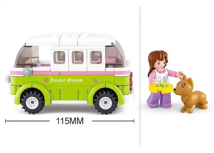 [Grappig] 158 stks/set Vrienden Station Wagon Dream Uitje Reizen Auto Puppies Bouwstenen Auto + Figuur + Hond model sets kids gift speelgoed