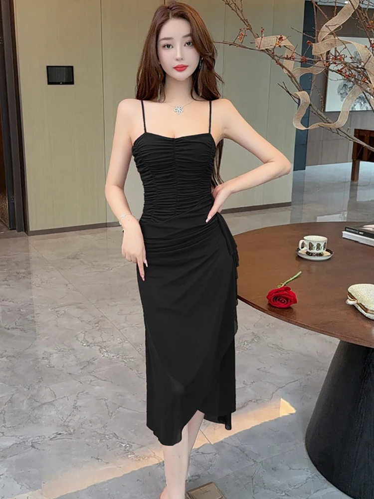 2025 Red Mesh Pleated Bodycon Sling Sexy Long Dress Summer Elegant Casual Ruffled Prom Dresss Women Korean Vintage Evening Dress