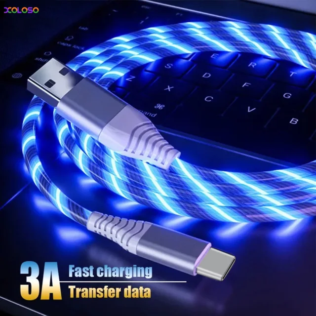 Kabel USB Typ C Flow Luminous 3A do szybkiego ładowania i transmisji danych, kabel do szybkiego ładowania z podświetleniem LED, do Samsung, Xiaomi, Huawei, 1m 2m