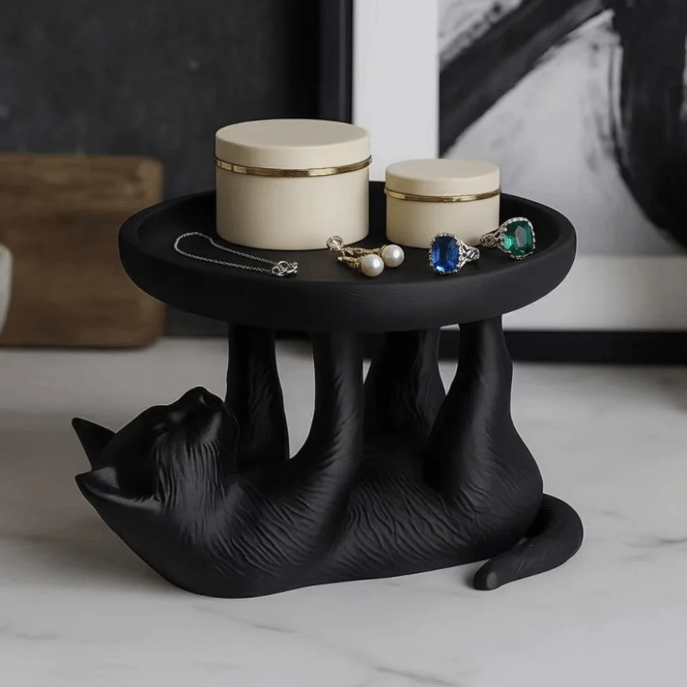 Bandeja creativa de joyería con forma de gato, bandeja de almacenamiento de joyería negra de gran capacidad, decoración, soporte de anillo INS, almacenamiento de joyería