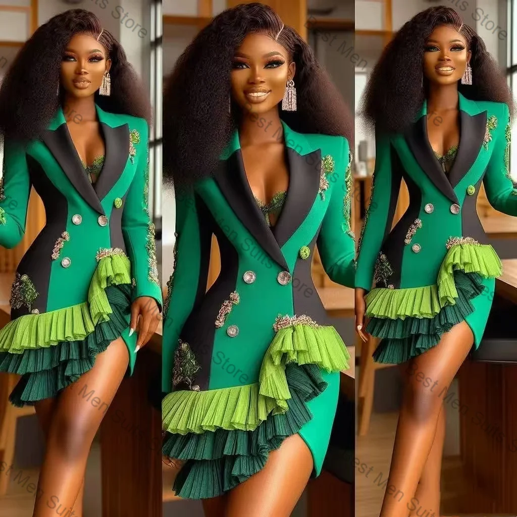 

Green Black Women Suit 1 Pcs Long Blazer Prom Dress Short Mini Skirt Formal Office Jacket Customized Wedding Tuxedo Guest Coat