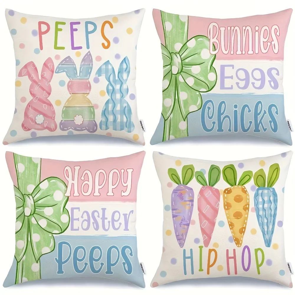 

Happy Easter Pillow Cover Home Holiday Party Celebration Decoration Bowknot Rabbit Radish Pattern Design Sofa Cushion Cover