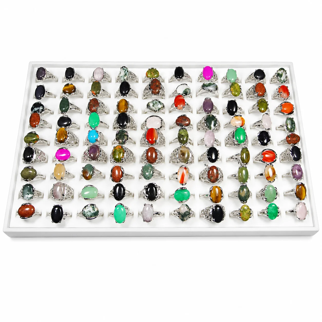50Pcs Vintage Natural Stone Rings Set for Women Mixed Retro Styles Wholesale Jewelry Lot PF020