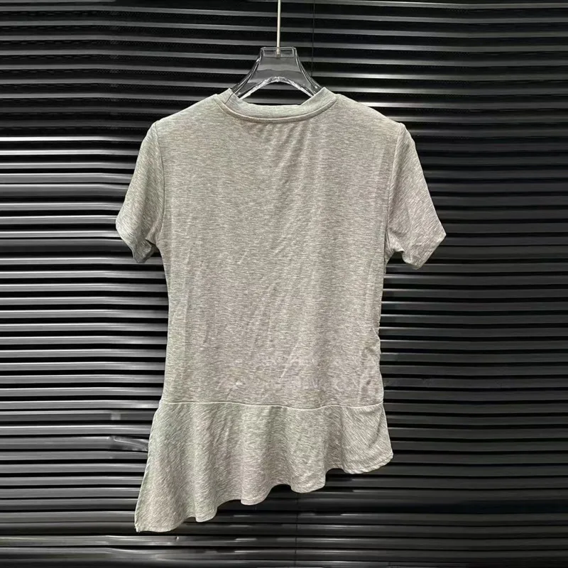 ANJY Summer New Women Korean Style Contrast Color Lace Patchwork Fake Two-Piece Short Sleeve Top Irregular Casual T-shirt A24278