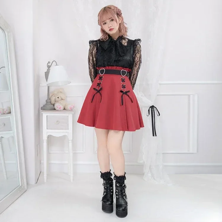 Harajuku Kawaii Oversize Skirt for Women Y2k Grunge High Waist Fungus Skirts Summer Aesthetics Lace Up Ruched Faldas Mujer