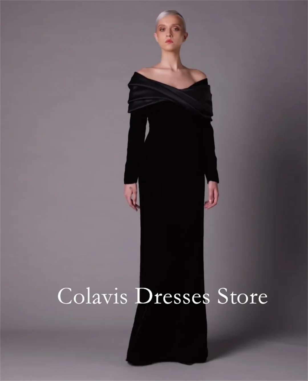 

Colavis Fashion Off-Shoulder Customized 2024 New Women's Maxi Satin Prom Dress Long Sleeves Black Celebrity Mermaid Party Dress