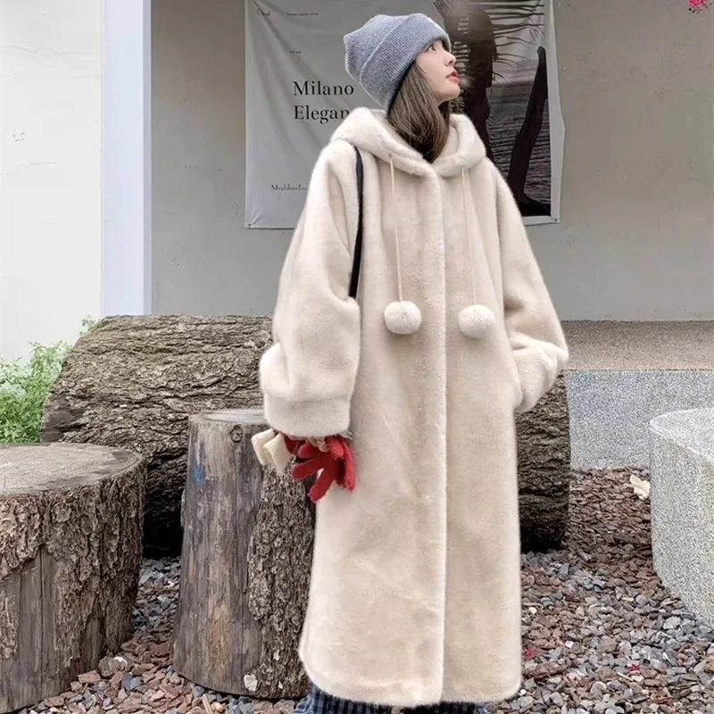 

Fall Winter Hooded Imitation Mink Plush Jacket Overcoat Loose Long Wool Imitation Fur Eco-Friendly Thick Warm Parker Coat JJ297