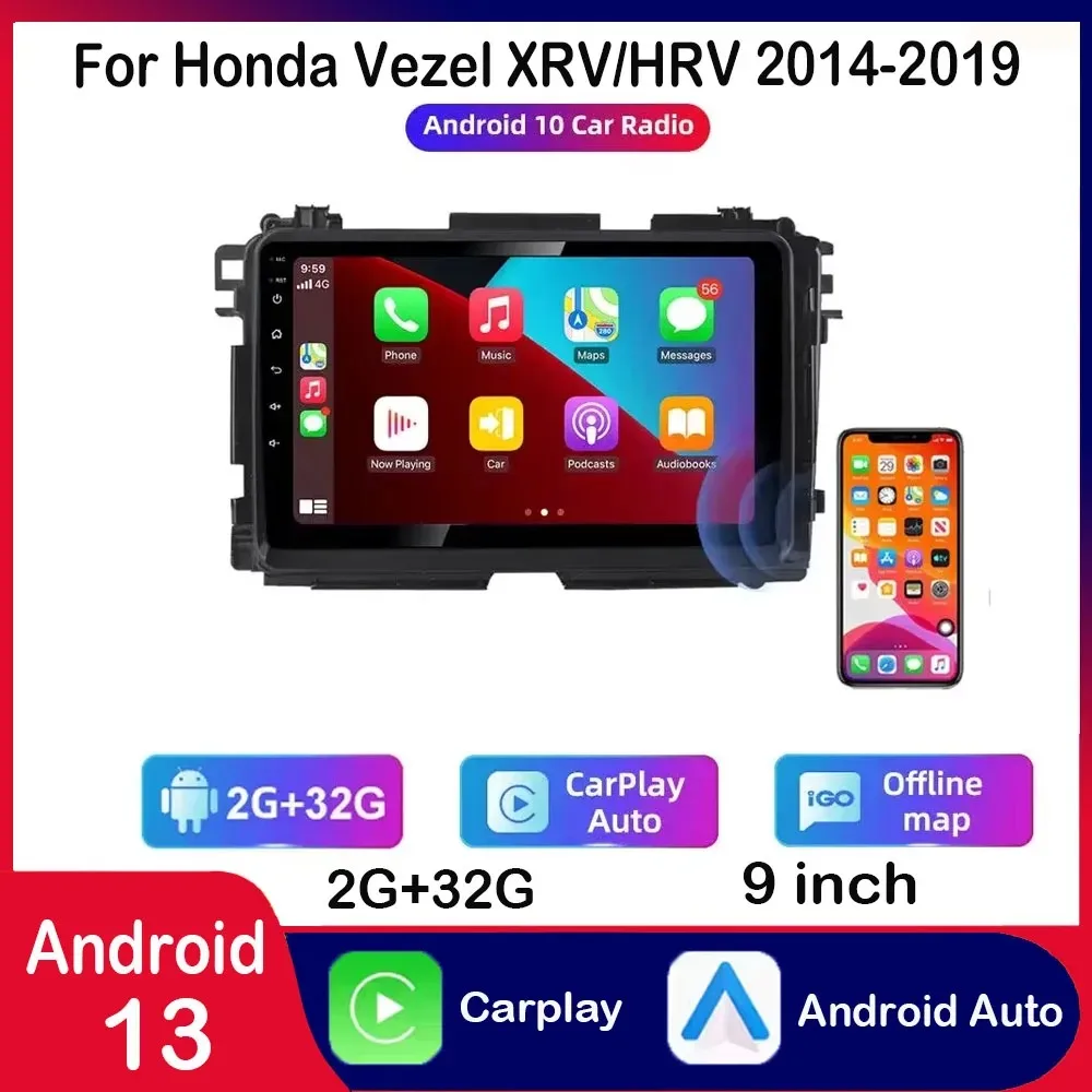 

9" Car GPS Navigation Radio Carplay Stereo Wifi forHonda Vezel XRV/HRV 2014-2019 9in Android 13