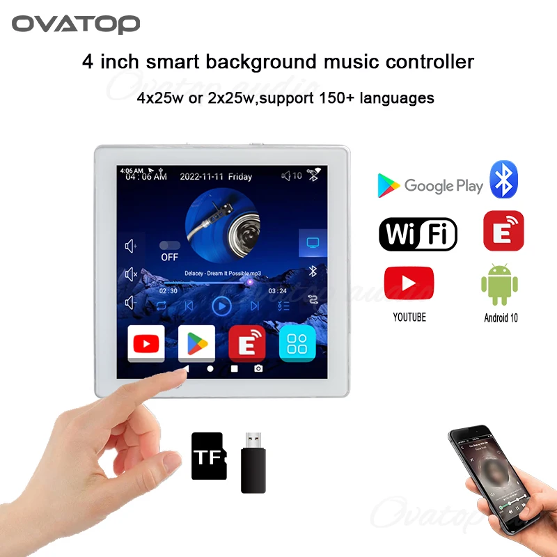 

4 inch Android 10.0 System 8 Ohm Smart WIFI Bluetooth 4-Channel 25W Stereo Home Theater Background Music Audio Wall Amplifier