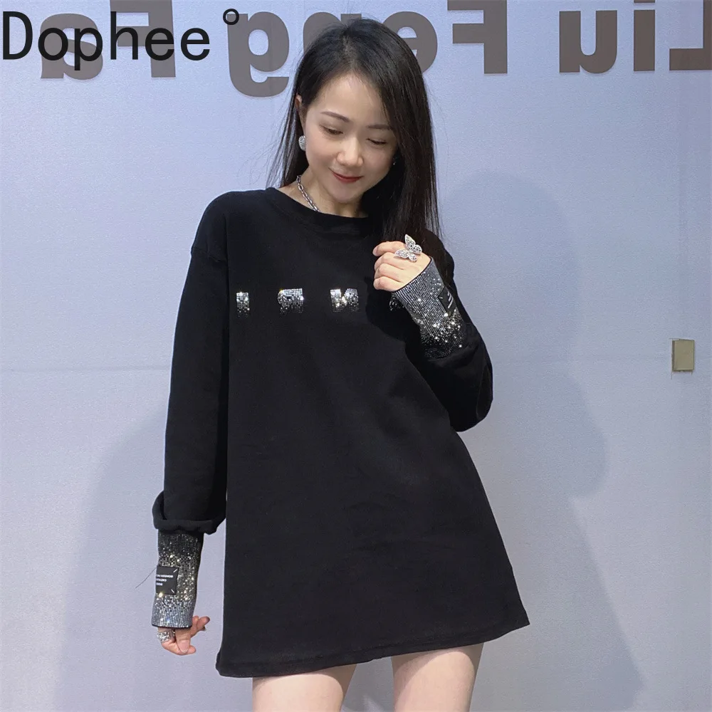 

Модная осенне-зимняя женская футболка с длинным рукавом с буквами и бриллиантами, пуловер с круглым вырезом, базовые футболки большого размера, женский хлопковый повседневный топ