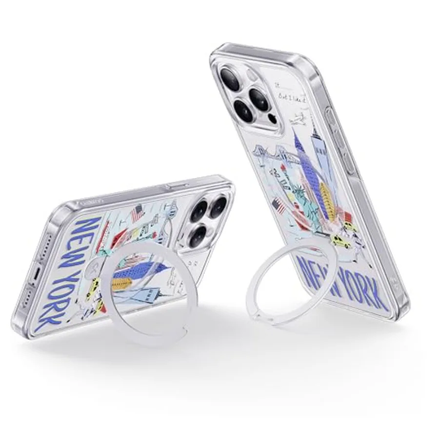 Pannello posteriore trasparente con serie Landmark Building City Memory per custodia New York Phone 14 Pro con supporto ad anello magnetico Milita