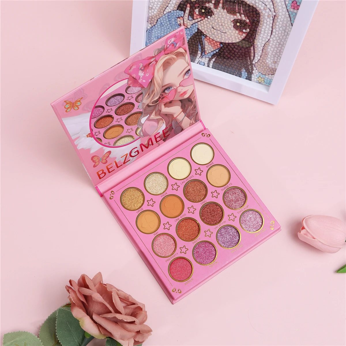 BELZGMEE 16 Colors Portable Matte Eyeshadow Palette Book with Mirror Glitter Shimmer Blush Professional Makeup for Face Eyes