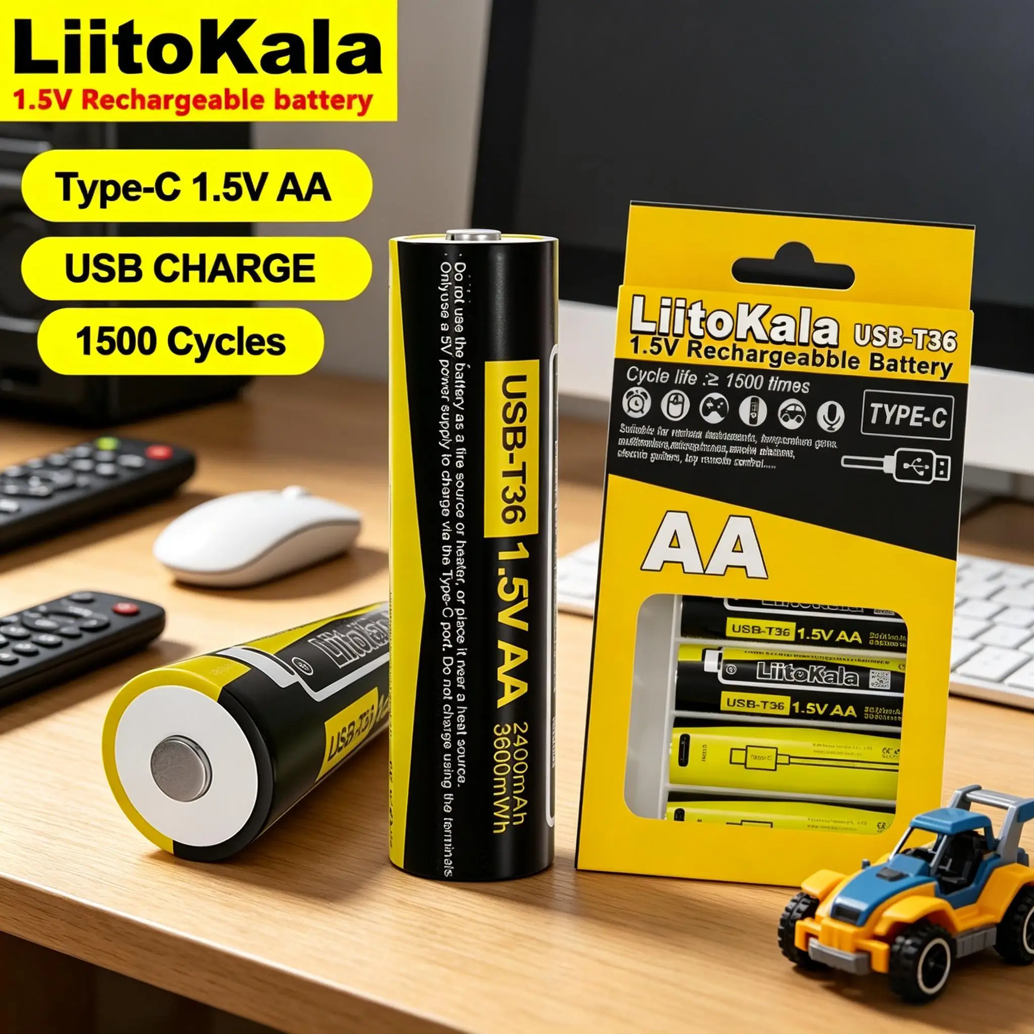4PCS LiitoKala USB-T12 1.5V AAA MAX 1200mWh&USB-T36 1.5V AA 3600mWh Li-Ion Rechargeable Battery 1500 Cycle with 4-in-1 USB Cable