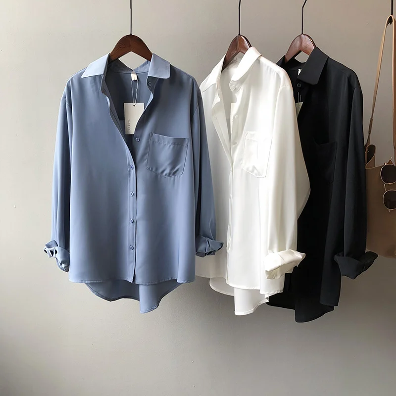 

Korean Loose Minimalism White Shirts Top Turn-down Collar Solid Female Shirts Casual Office Ladies Tops Spring Summer Blouses