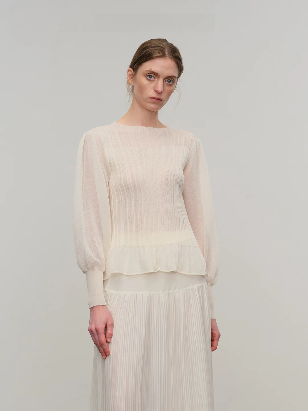 

Original Romantic Semi-Transparent Lotus Leaf Hem Long Sleeve Knitted Top Y III CHUAN EO Elegant Style Loose Fit Soft Material