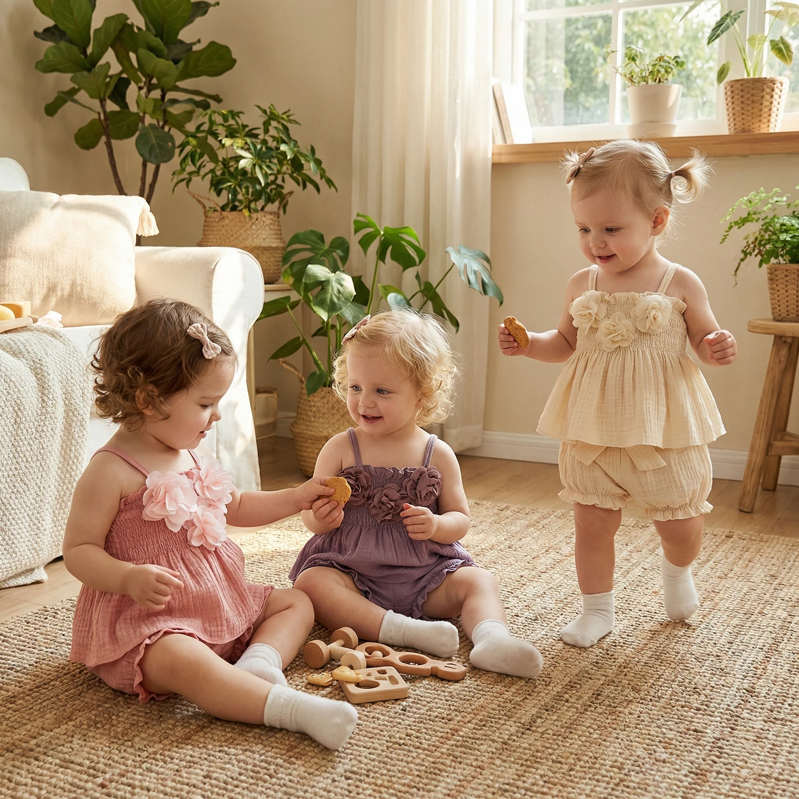 1-5Y Toddler Girls Summer Outfits Sleeveless 3D Flower Decor Smocked Vest Tops and Elastic Waist Bloomer Shorts 2Pcs