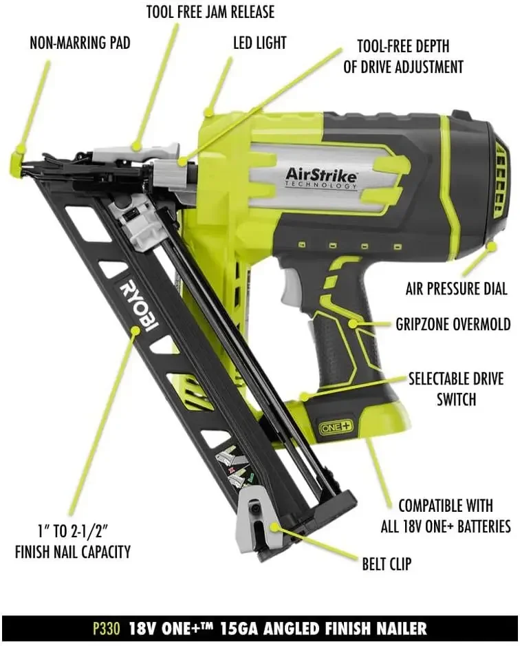 Ryobi P330 18 В ОДИН+ Угловая аккумуляторная батарея для гвоздезабивателя с отделкой 15 Ga и зарядное устройство в комплект не входит