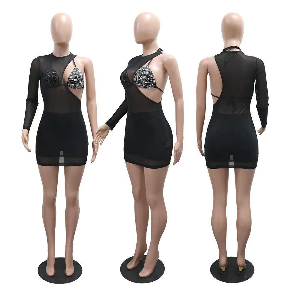 party dress 3 Piece Hot Diamonds Bra Irregular Sheer Outer Skirt Set Women's Sexy Lingerie Bralette And High Waist Briefs Combo