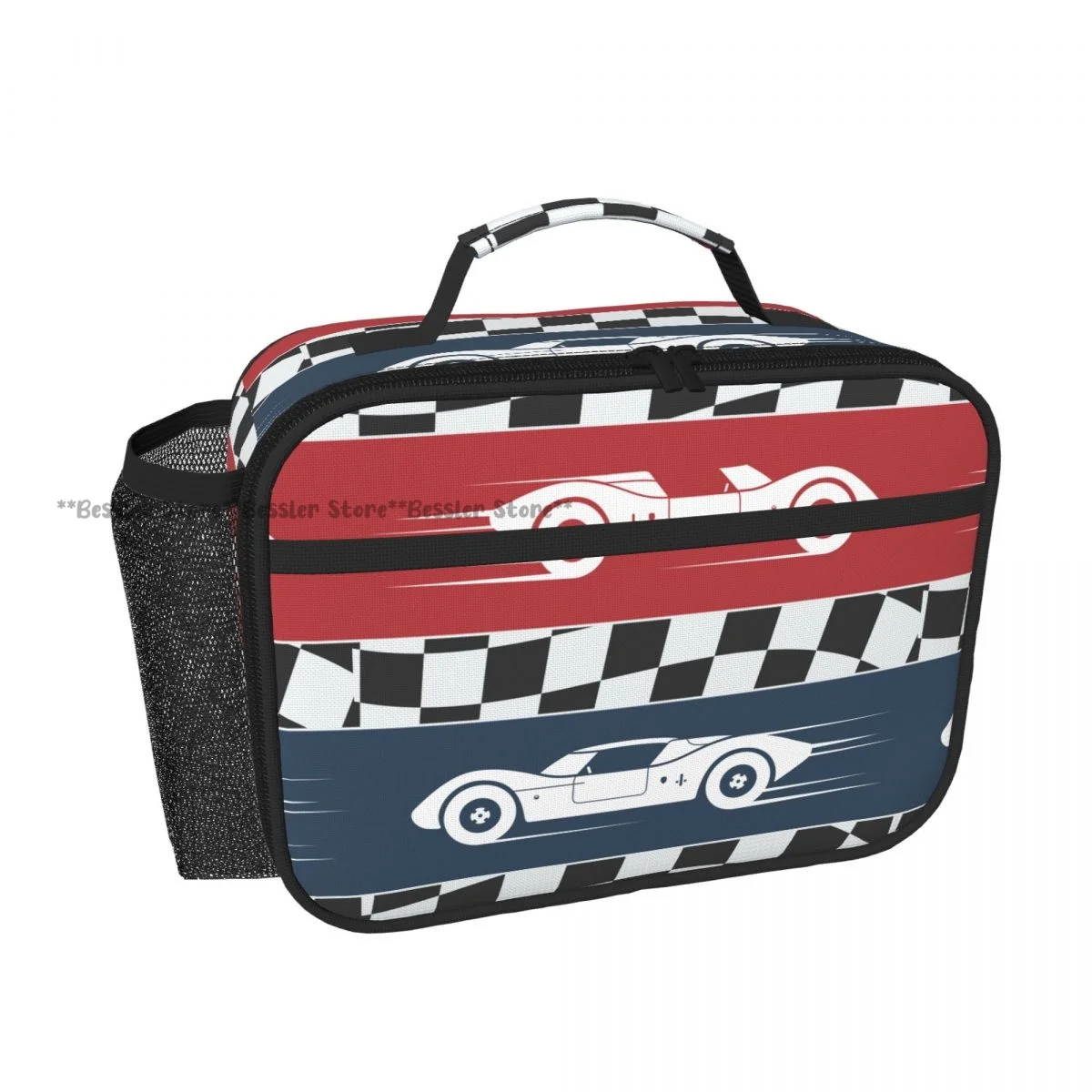 Portable Horizontal Insulated Lunch Tote Bag Vintage Race Cars On Checkered Flag Thermal Food Storage Handbag