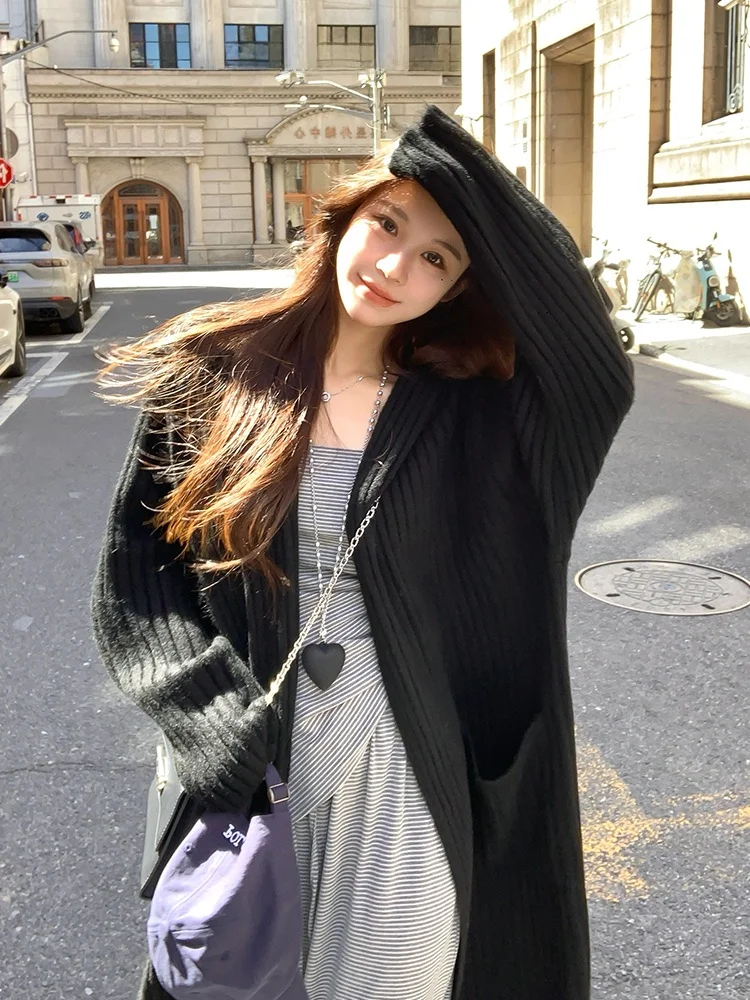 

Adan Long Sve Knitted Cardigan Women's Loose Fit Autumn Winter Hooded Striped Sweater Outerwear Casual Lazy Sle Coat