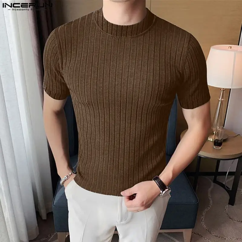 Bella vendita calda top INCERUN uomo Solid Pit Stripe maglieria Camiseta elegante maschio solido elastico manica corta t-shirt S-5XL 2024