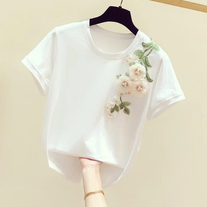 

T-shirt Women 2024 Summer New Three-dimensional Cotton Flower Short-sleeved White Round Neck Loose Pullover Top T Shirt Q520