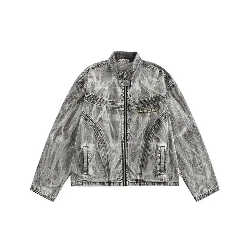 Man Denim Jacket Retro High Street Distressed Graffiti Print Denim Jacket Men's Spring Autumn New Loose Biker