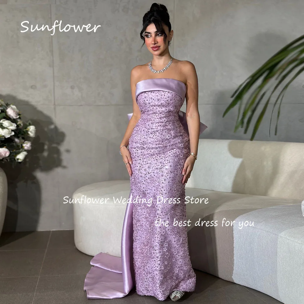 Sunflower Purple Beading Strapless Satin Mermaid Prom dress 2024 Slim Backless Bow Floor-Length Evening Dress Party Dress