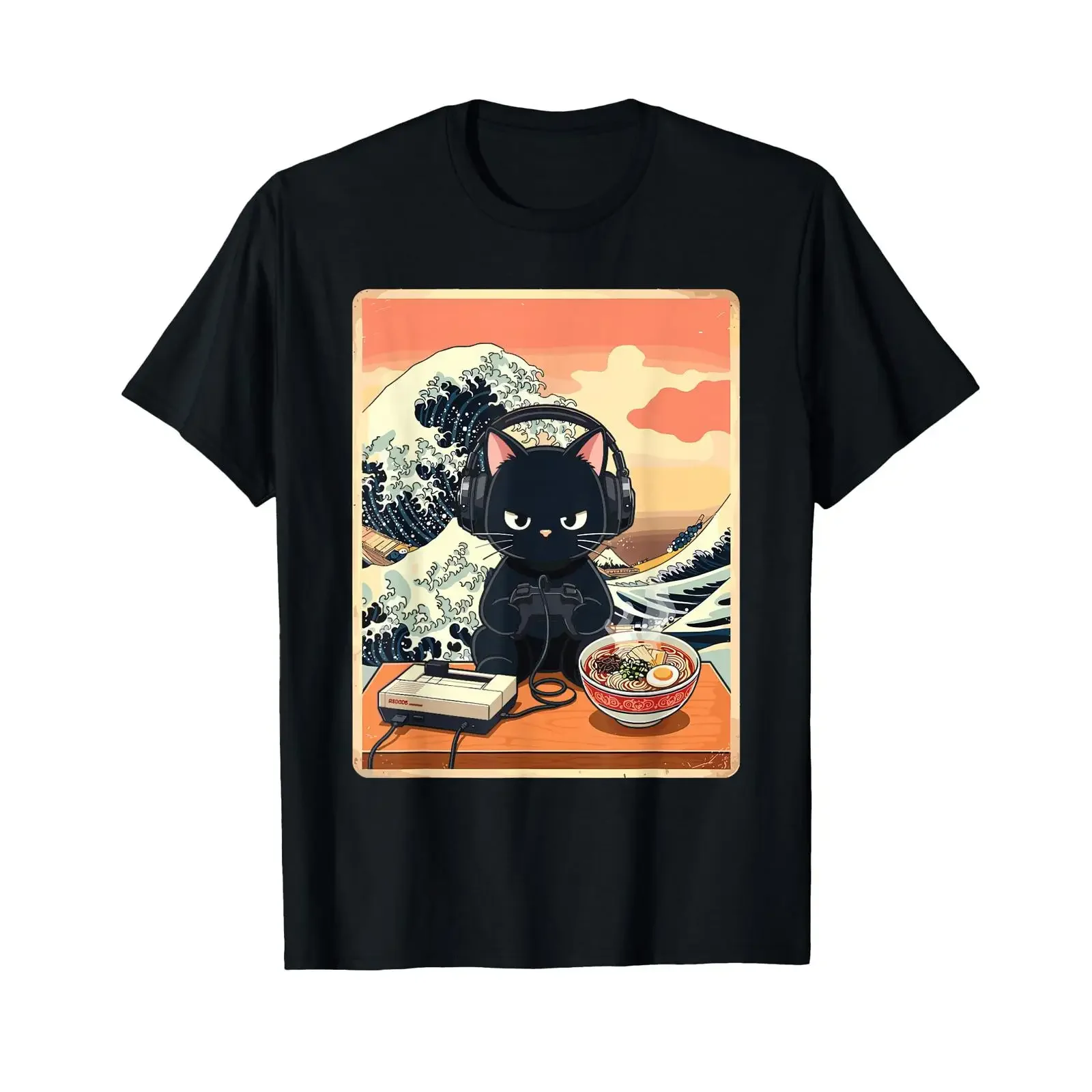 Retro Gamer Cat with Ramen Great Wave T Shirt for Anime Fans vintage Washed homme Stylish Unisex Soft fashion graphic Versatile