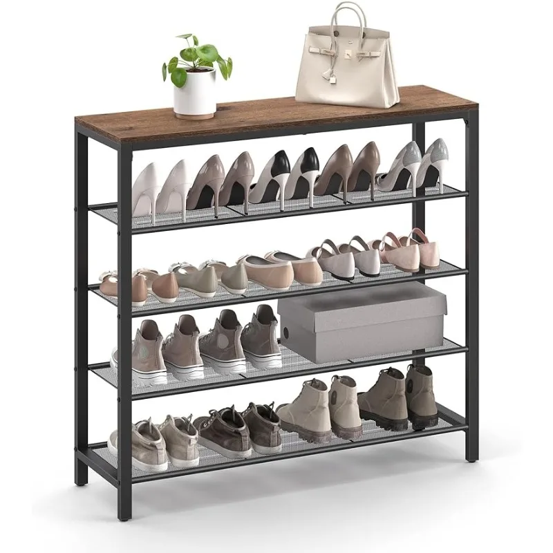 Shoe Organizer for Closet with 4 Mesh Shelves and Large Top for Bags, Entryway Hallway Shoe Shelf, Steel Frame Shoes Rack