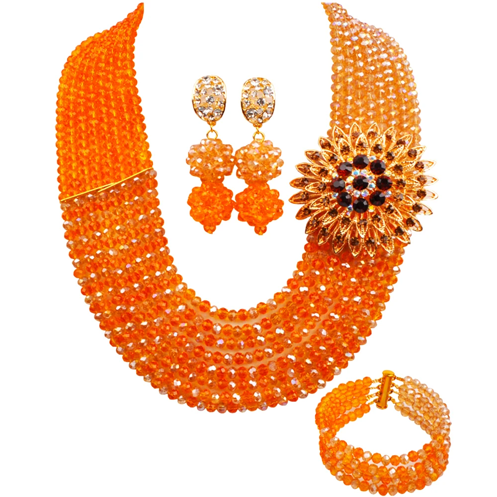 Fashion African Beads Jewelry Set 8 Lines Orange and Champagne Gol AB Crystal Necklace Set