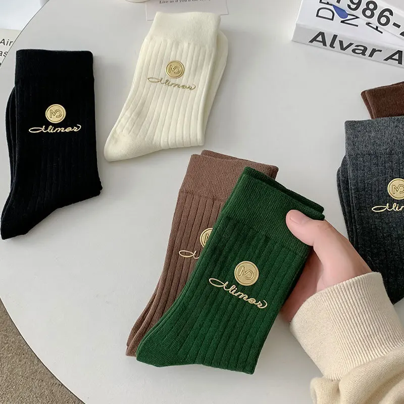 

Winter Warm Velvet Thickened Pile Socks Multicolor Embroidered Mid Calf Length Socks Brown Casual Cotton Comfortable Footwear