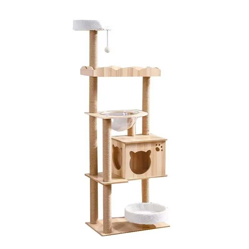 Solid Wood Pet Furniture Wooden Cat House for fat big  cats Christmas Tree  Bed Scratcer with Transparent capsule