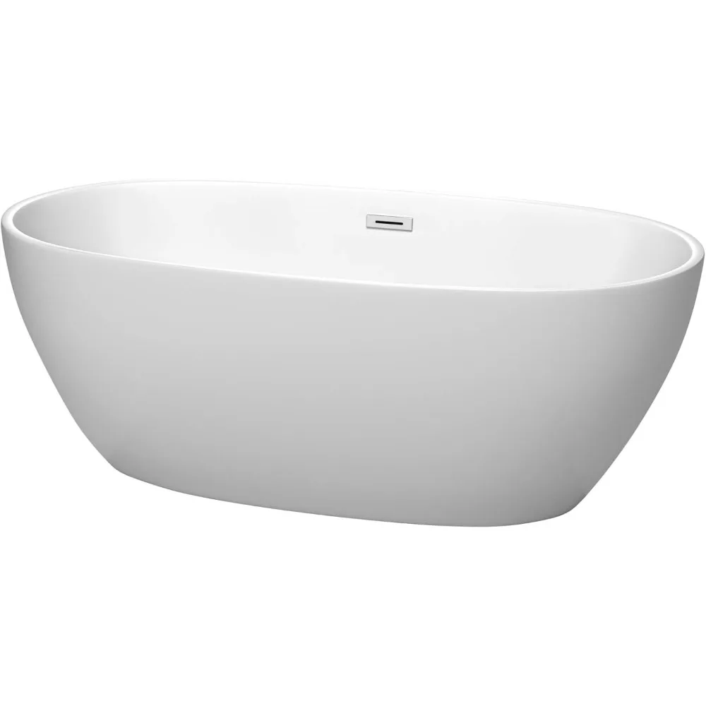 

63" Inch Stylish Freestanding Bathtub in Rich Matte White, Highlighted by Polished Chrome Drain