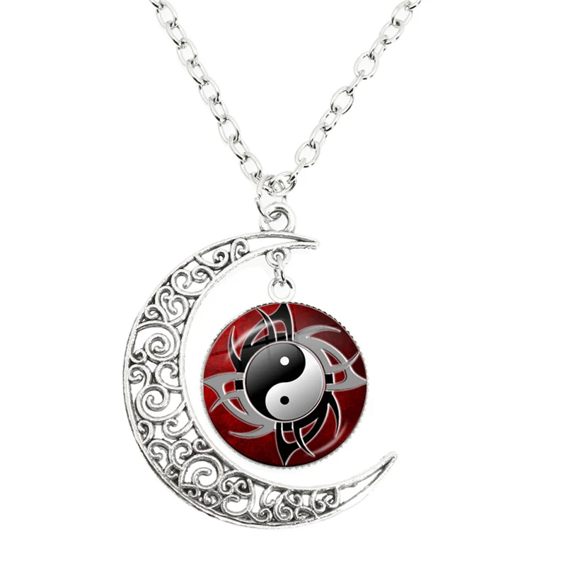 Yin Yang Tai Chi Moon Necklace Dragon Cabochon Glass Pendant Fashion Gift For Men  Women Necklaces Gift Jewelry