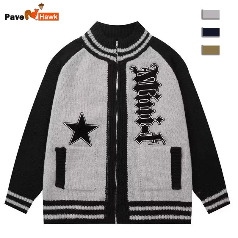 Hip Hop Sweater Cardigan Men Women Contrast Star High Street Knitted Jacket Zipper Casual Korean Ugly Sweater Y2K Loose Jumpers