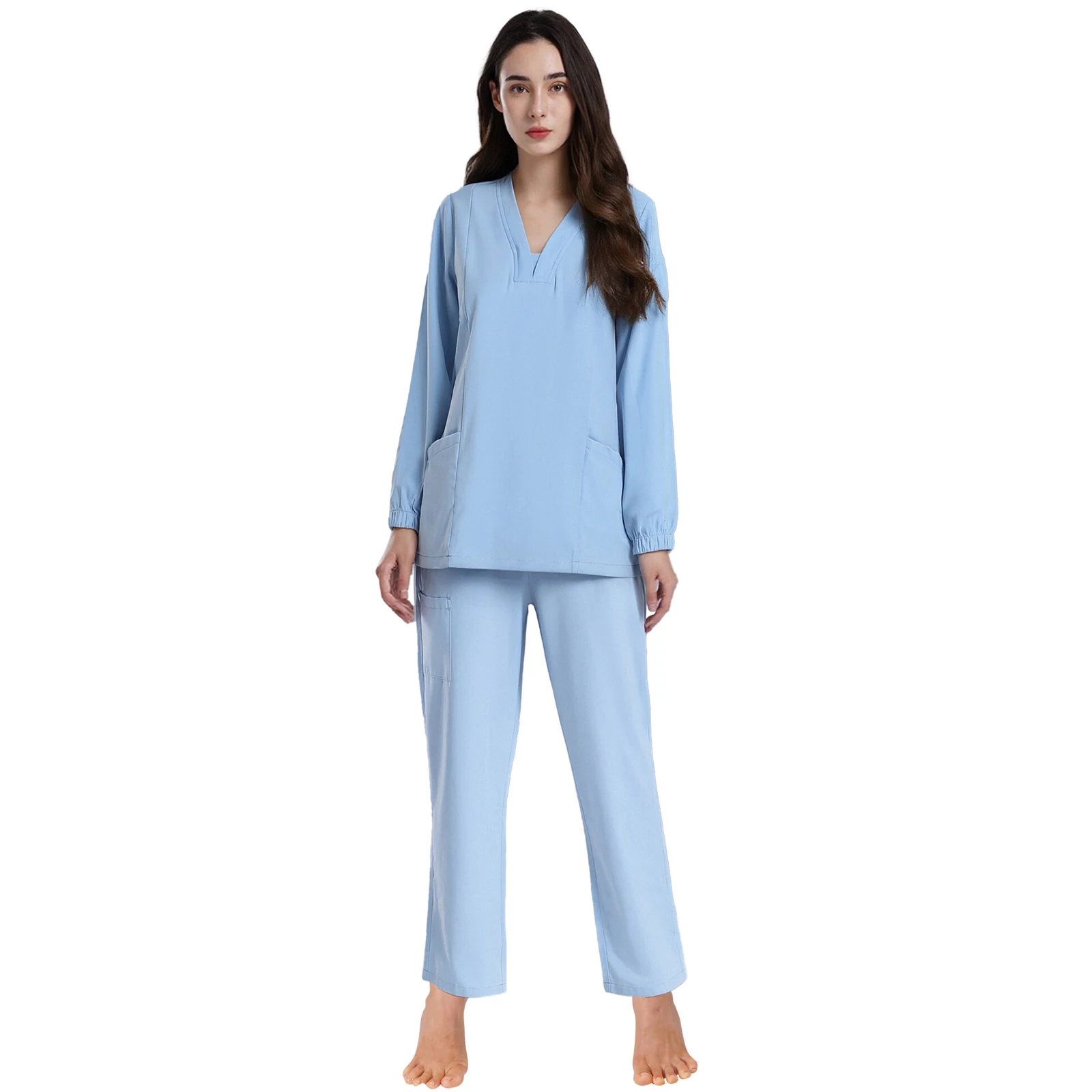 Tenue de gommage médical pour femmes, pull à manches longues avec poches et pantalons longs, ensembles de 2 pièces pour uniforme de chirurgien dentaire et d'allaitement