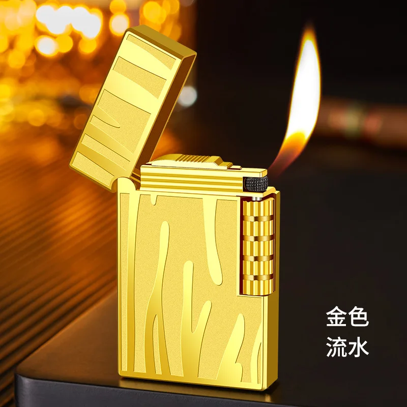 Classic Retro Lighter with Stripe Pattern & Steel Click Sound Side-Slide Wheel Butane Lighter with Angled Yellow Flame Lighters