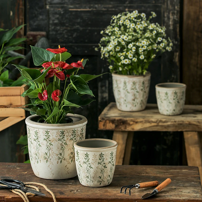 Vase Household Ceramic Flower Pot Homemade Underglaze Flower Printing and Dyeing Creative Balcony Outdoor Courtyard Breathable