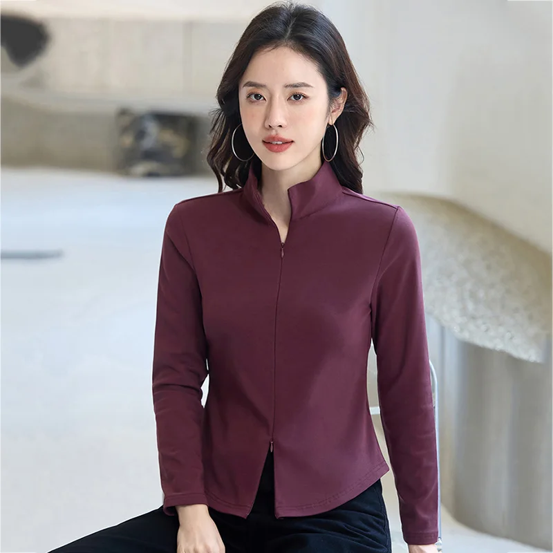 

New Women Simplicity Basic T-shirt Spring Autumn Fashion Zipper Stand Collar Slim Waist Long Sleeve Tees Casual Female T-shirt
