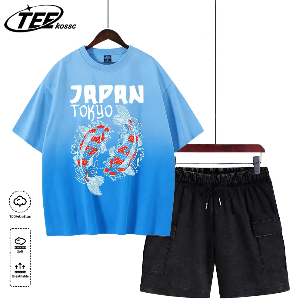 

Мужские футболки с принтом Harajuku Japan Tokyo Koi, хлопковые, летние, прохладные, модные, с эффектом тай-дай, с коротким рукавом, унисекс, спортивные, мягкие, комплект