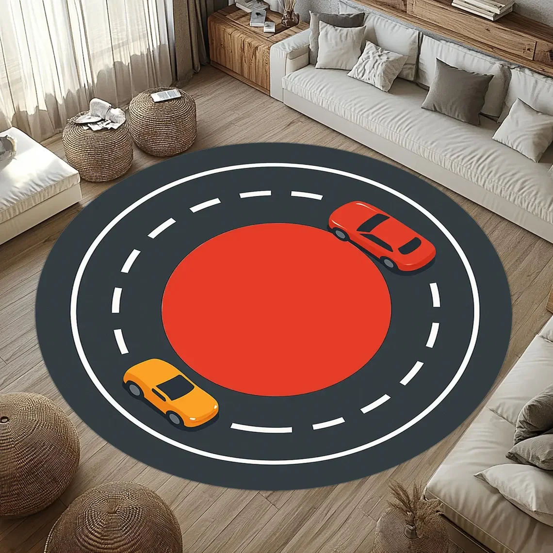 Fun Race Track Round Rug – Soft & Playful Floor Mat for Kids Room, Living Room or Under Swivel Chair, Perfect as a Child's Gift