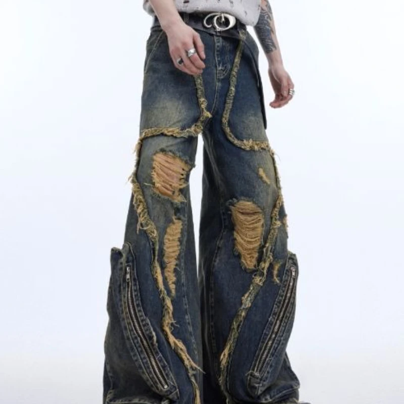 Gothic Men Niche Fringe Hole Jeans Vintage Hip Hop Denim Pants Grunge Big Pockets Design Cargo Pants Fashion Skinny Comfortable