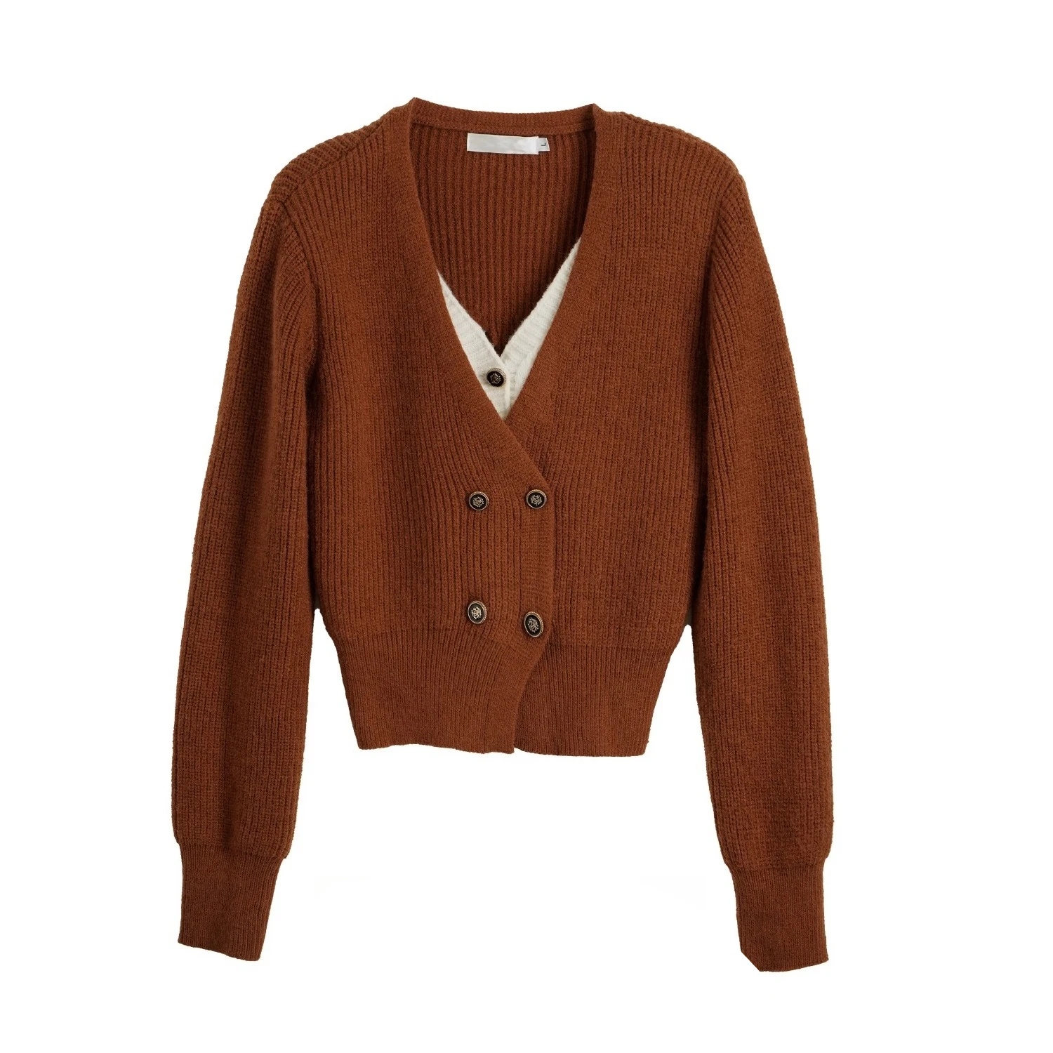 OLrain 2 in 1 Contrast Cardigan Women's Autumn 2025 Vintage V-neck Sweater Double Breasted Long Sleeve Knitted Tops N56QM69602