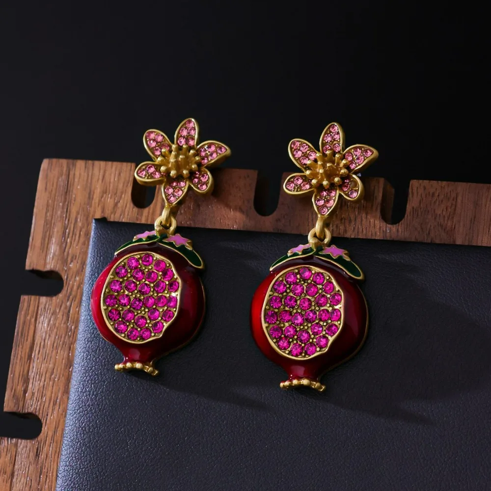 Retro Palace Pomegranate Full Rhinestone Earrings Medieval Niche Fashion Simple Heavy Industry Enamel Flower Stud Earrings