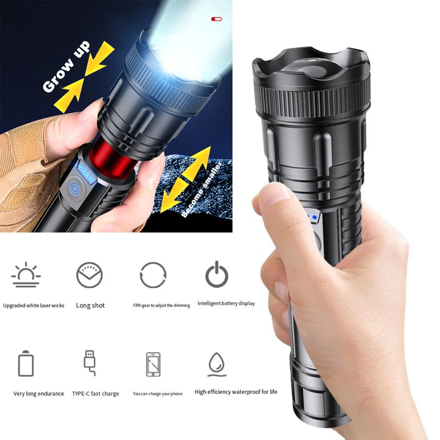 500LM Portable Handheld Light 3 Light Modes  Camping Flashlight Tactical Camping Lantern 1200Mah Waterproof  Emergency Use