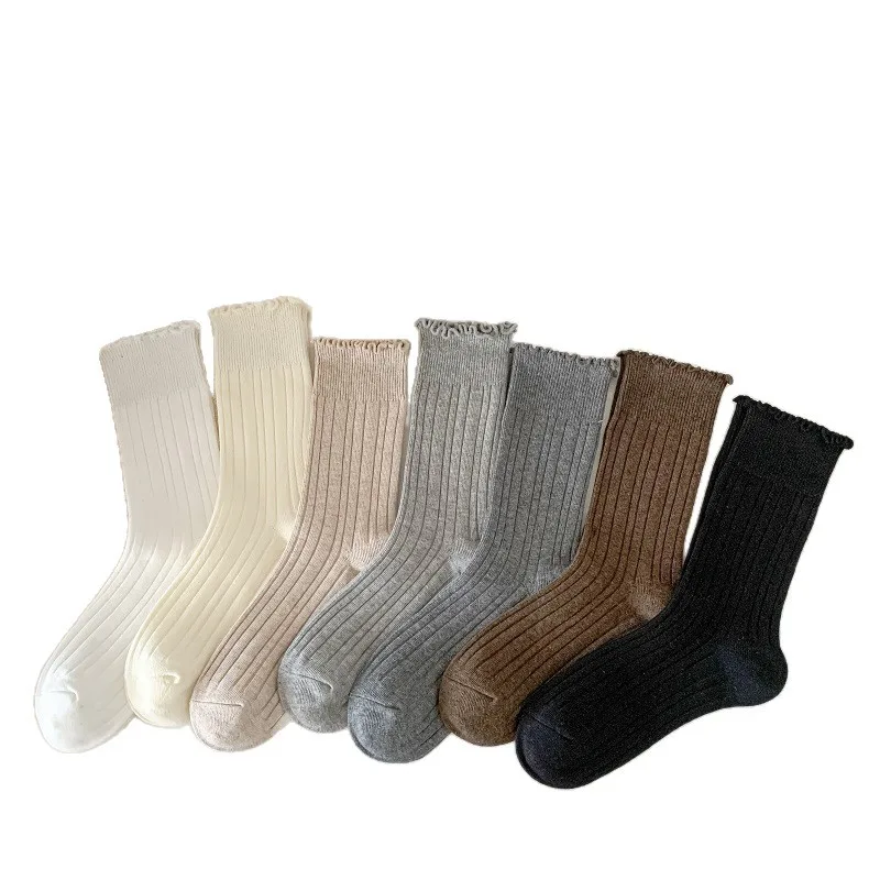 7 paires de chaussettes blanches mi-mollet pour femmes, en coton, Coquette, chaudes, à volants, de haute qualité, printemps, automne et automne et hiver